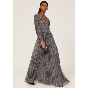 Badgley Mischka Collection Shirred Leopard Print Gown Pleated Long Sleeve Dress